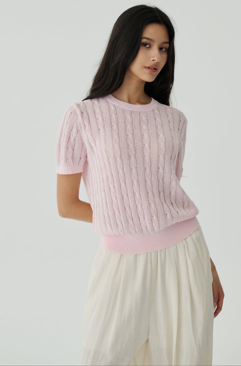 New life cooling knit cable sweater in pink