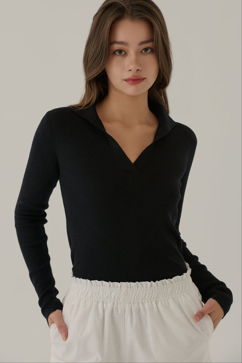 Join the meeting V neck knit top in black