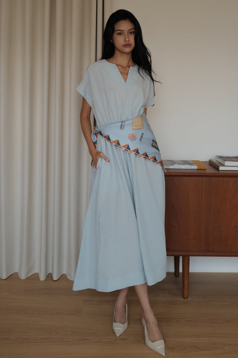 Camille elastic waist linen dress in sky blue jeans