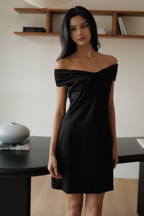 Aurora ribbon off shoulder mini dress in black/grey