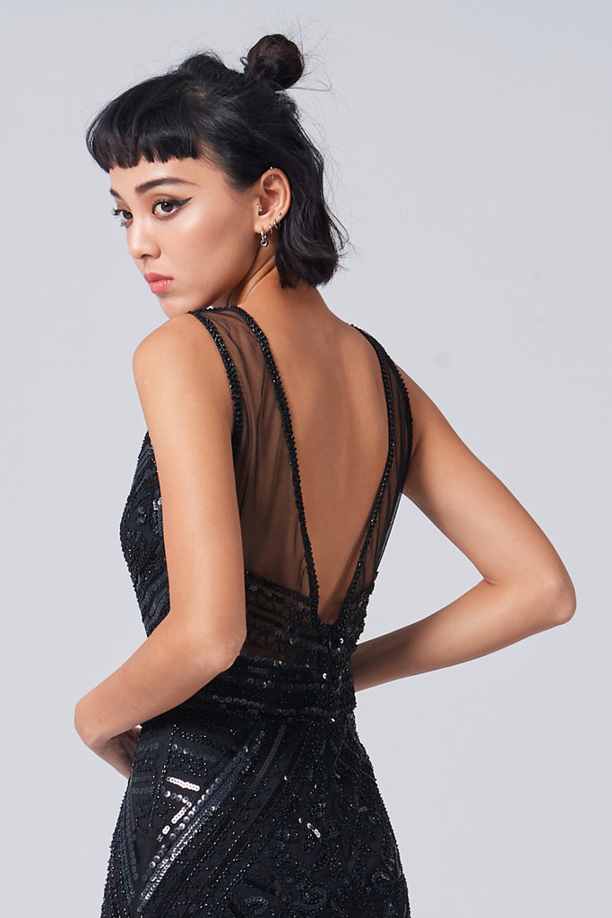 Party time black sequin evening dress